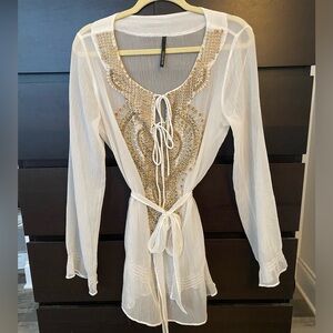 Kay Celine beaded sheer top/ beach coverup with waist tie